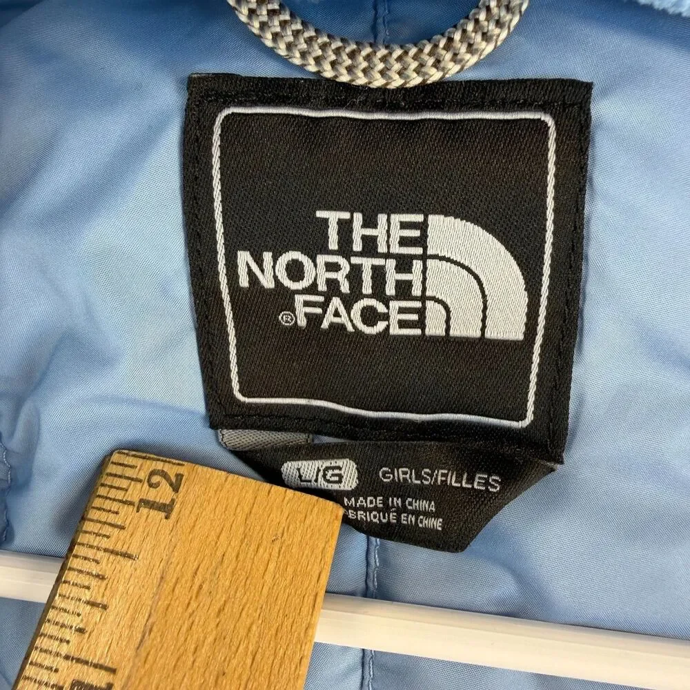 North Face Girls 550 Down Puffer Jacket Hooded Periwinkle Blue Size Large